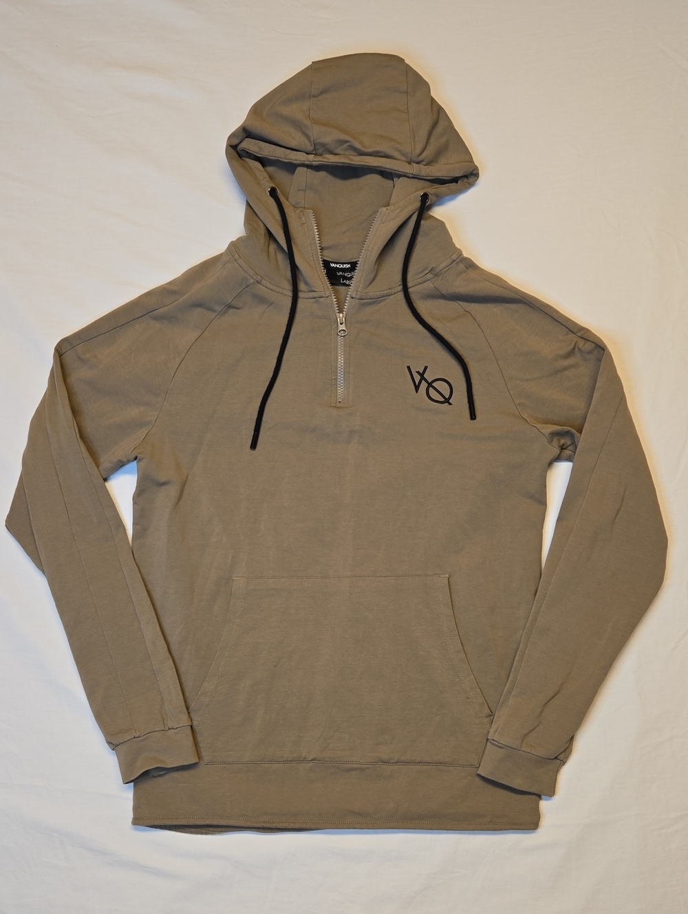 Vanquish Fitness 1/4 Zip Hoodie in Olive Green with Black Drawstrings